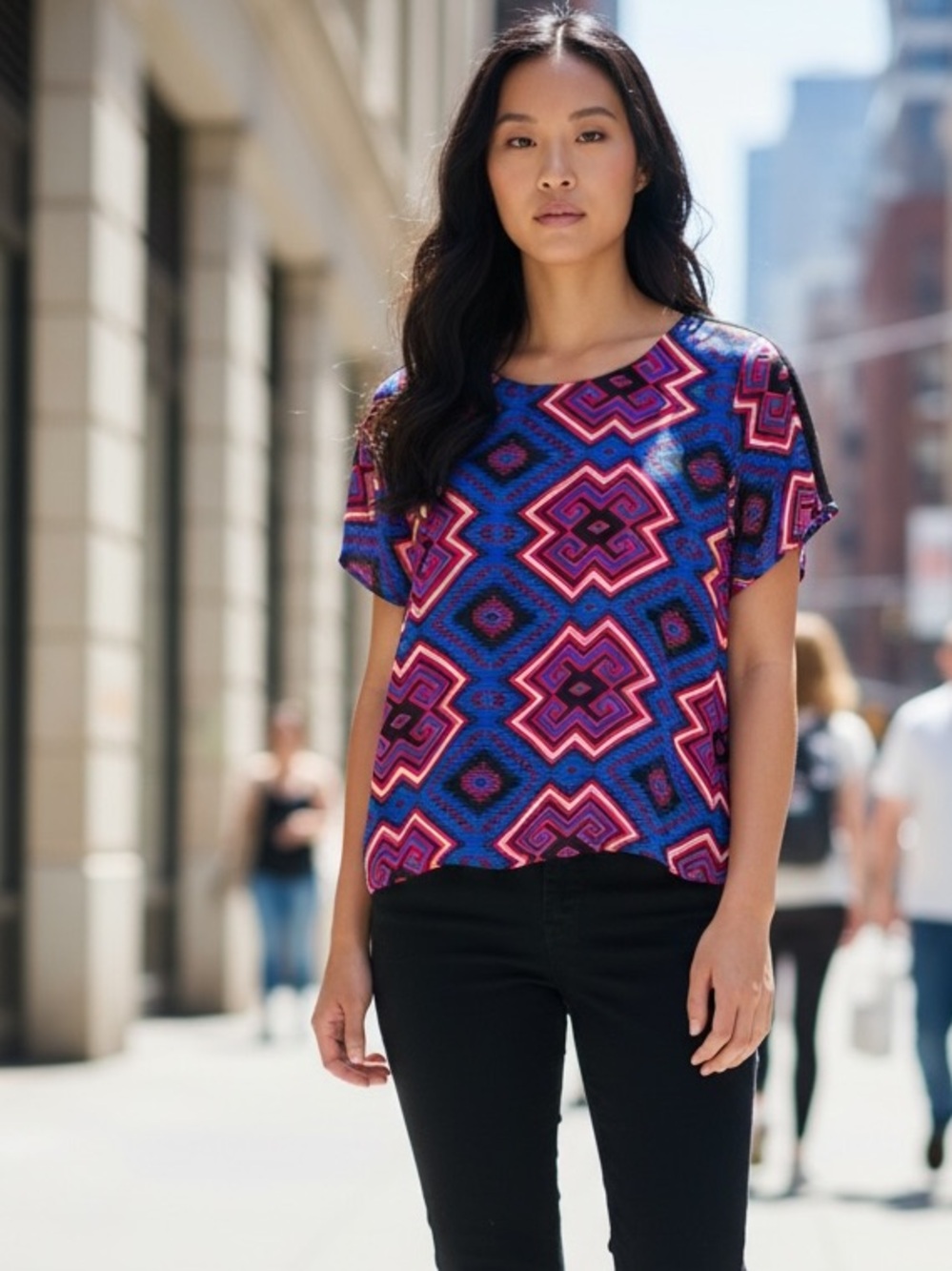 Fun & Flirt Aztec Blue and Red High Low Blouse, Size Large